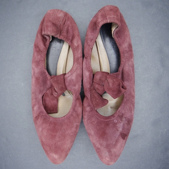 MARNI Burgundy Suede Bow Accent Pointed Toe Ballerina Ballet Flats Size 37 / 7 - Picture 1 of 7